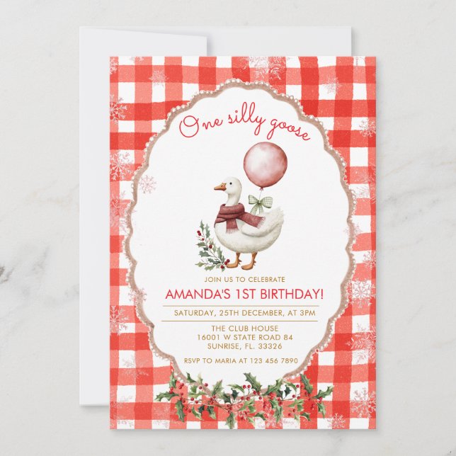 Invitation Gingham Silly Goose 1er Anniversaire Hiver Noël  (Devant)