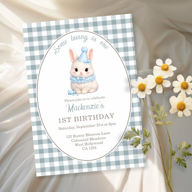 Invitation Gingham Some Bunny a un an Anniversaire Personnali (Gingham Some Bunny Is One Birthday Personalized Invitation by Ricaso. Blue bunny rabbit party)