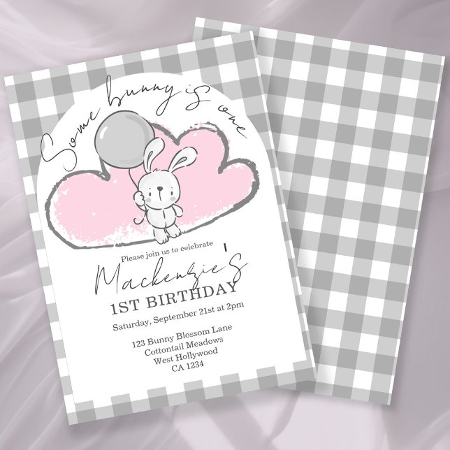 Invitation Gingham Some Bunny a un an Anniversaire Personnali (Gingham Some Bunny Is One Birthday Personalized Invitation by Ricaso. Pink bunny rabbit party)
