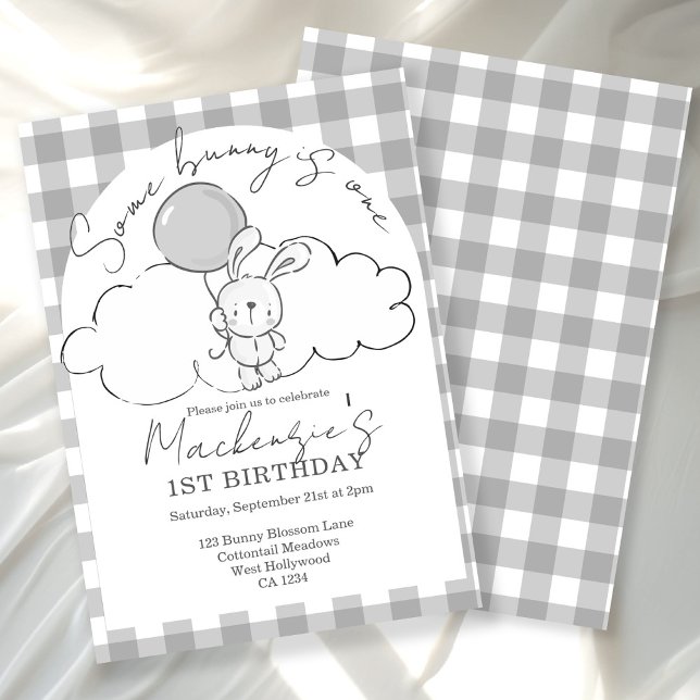 Invitation Gingham Some Bunny a un an Anniversaire Personnali (Gingham Some Bunny Is One Birthday Personalized Invitation by Ricaso. Unisex bunny rabbit party)