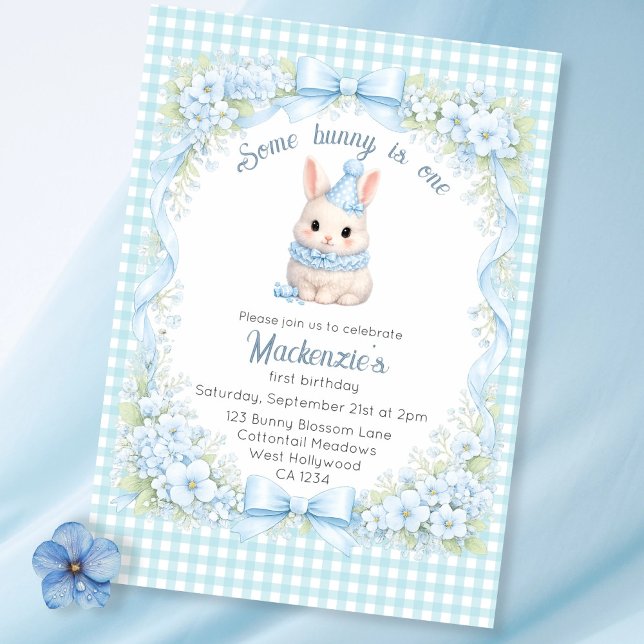 Invitation Gingham Some Bunny a un an Anniversaire Personnali (Gingham Some Bunny Is One Cute Personalized Invitations by Ricaso. Blue Gingham and Rabbit Birthday)