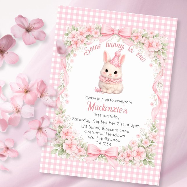 Invitation Gingham Some Bunny a un an Anniversaire Personnali (Gingham Some Bunny Is One Birthday Personalized Invitation
by Ricaso. Pink bunny rabbit in party hat)
