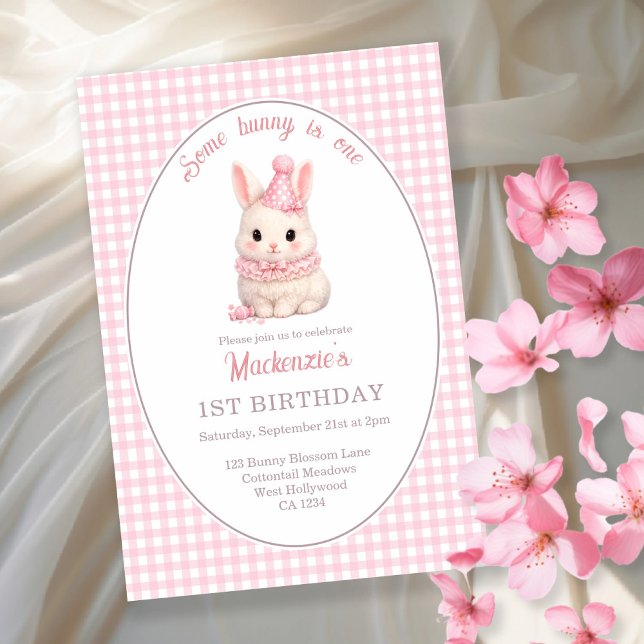 Invitation Gingham Some Bunny Is One Birthday Personalized (Gingham Some Bunny Is One Birthday Personalized Invitation by Ricaso. Pink bunny rabbit party)