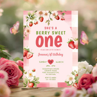 Invitation Gingham Strawberry Sweet One Berry 1er Anniversair