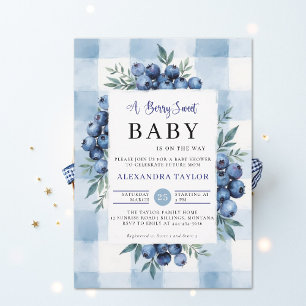 Invitation Gingham Sucré aux Bleuets Baby Shower