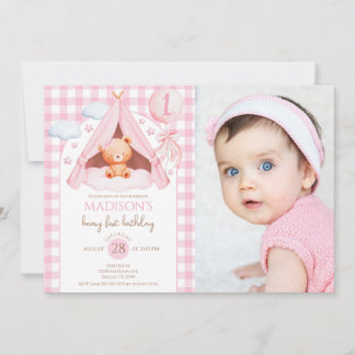 Invitation Gingham Teddy Bear Balloon Photo Girl 1st Birthday