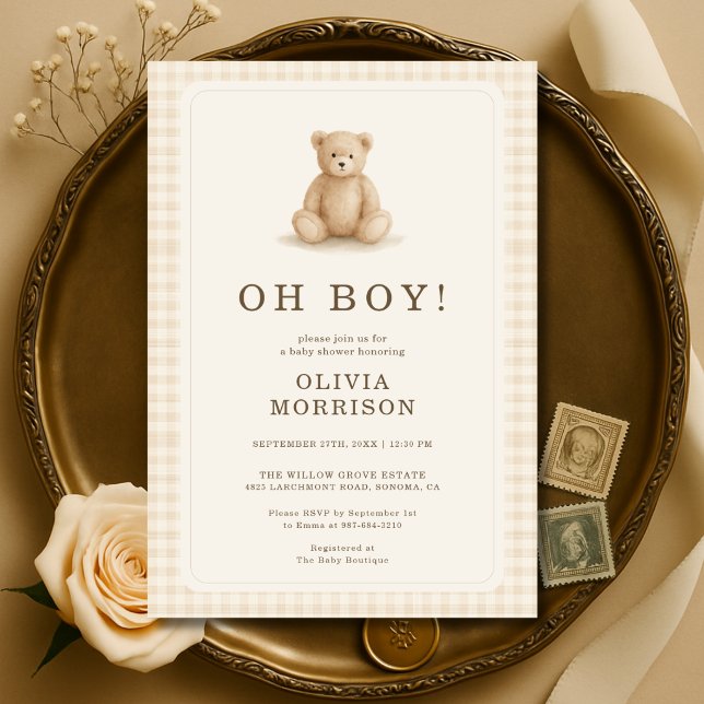 Invitation Gingham Teddy Bear Oh Boy Fête de Naissance Neutre (Créateur téléchargé)