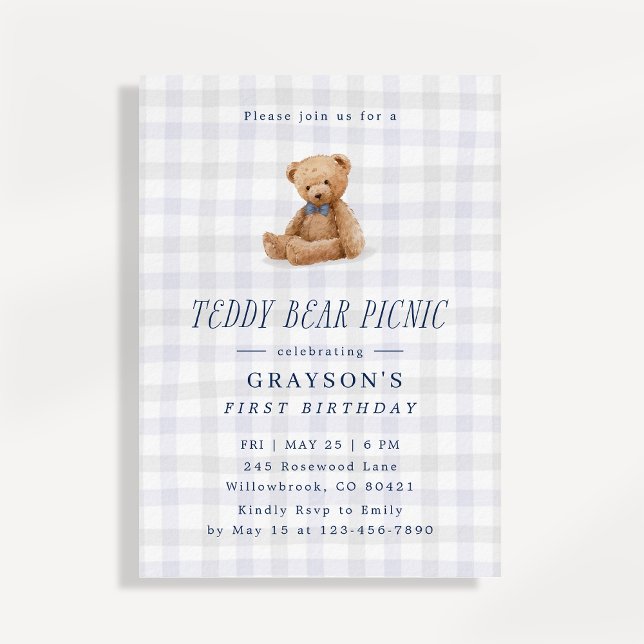 Invitation Gingham Teddy Bear Picnic First Birthday  (Créateur téléchargé)