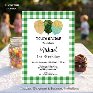 Invitation Gingham Vert, Ballons de Fête 1er Anniversaire
