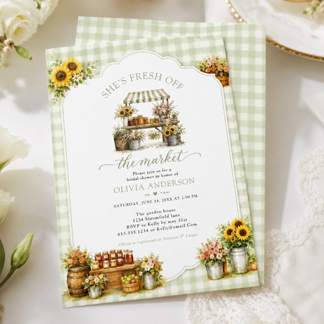 Invitation Gingham Vert Rustique Elle est Fraîche sur le Marc (Rustic Green Gingham She's Fresh Off The Market Invitation)
