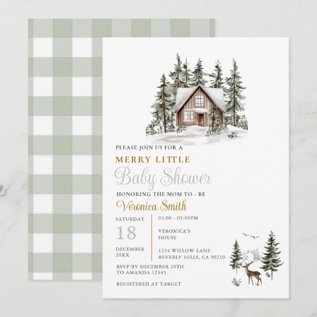 Invitation Gingham Vert Sauge Une Baby Shower Joyeuse  (Devant / Derrière)