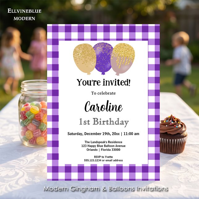 Invitation Gingham Violet, Ballons de Fête 1er Anniversaire (Purple gingham balloon invitations! For 1st Birthday or any birthday. Size 5” x 7”.)