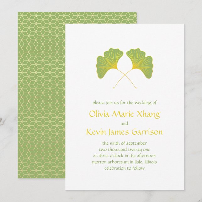 Invitation Ginkgo Feuille et Gold Géométrique (Devant / Derrière)