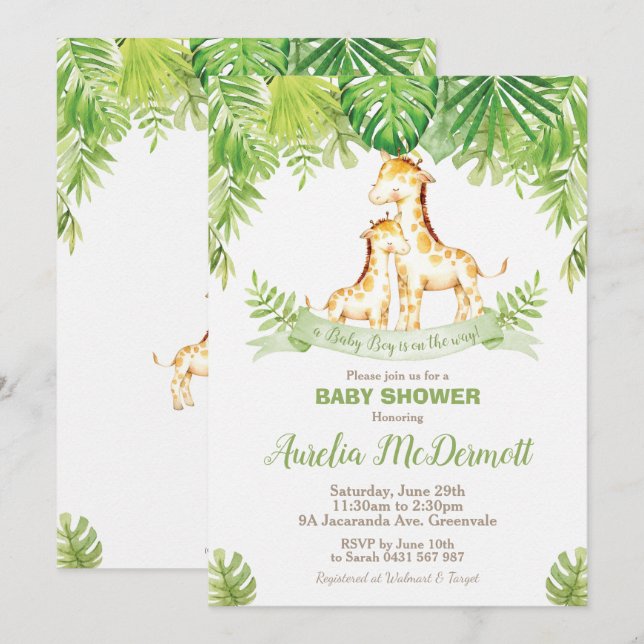 Invitation Girafe Baby shower Jungle Animaux Baby Boy Green (Devant / Derrière)