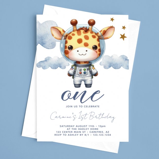 Invitation Girafe Bébé Astronaute 1er Anniversaire (Créateur téléchargé)