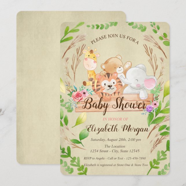 Invitation Girafe bébé, Eléphant, Ours, Baby shower Feuille d (Devant / Derrière)