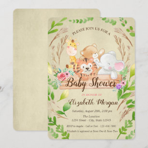 Invitation Girafe bébé, Eléphant, Ours, Baby shower Feuille d