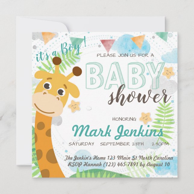 Invitation Girafe belle brillante Baby Boy Douche (Devant)