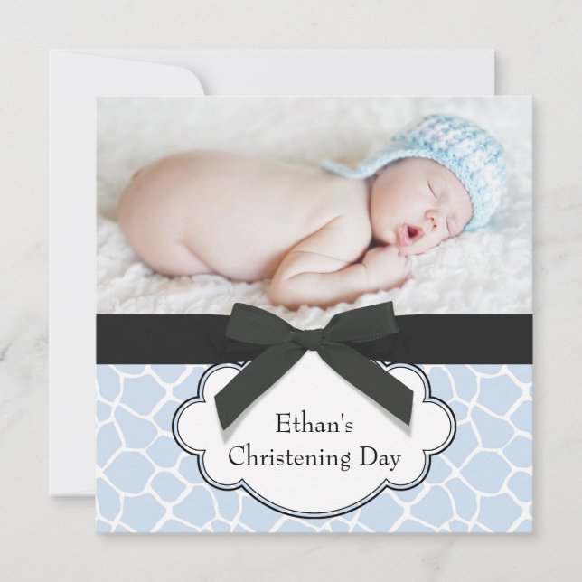 Invitation Girafe Bleue Baby Boy Photo Christening (Devant)