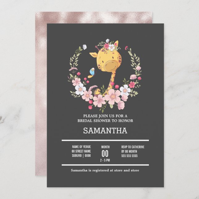 Invitation Girafe courre florale bébé safari animal jungle  (Devant / Derrière)