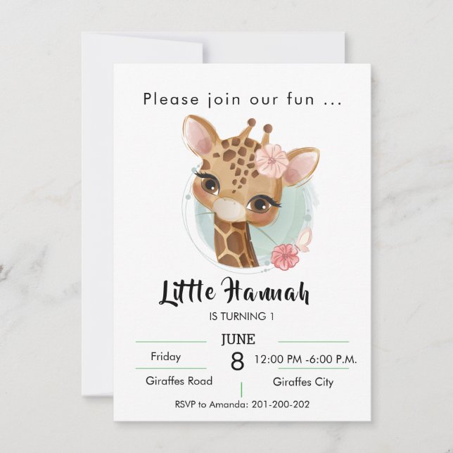 Invitation Girafe dans l'aquarelle fille anniversaire (Devant)