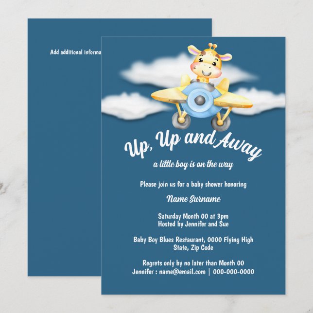 Invitation girafe d'avion baby shower bleu avion pilote (Devant / Derrière)