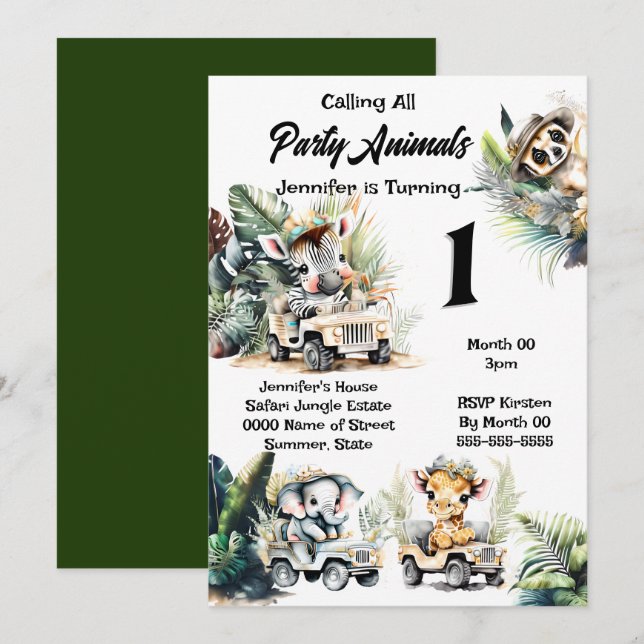 Invitation Girafe éléphant jungle safari animaux sauvages zèb (Devant / Derrière)