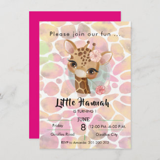 Invitation Girafe en aquarelle filles anniversaire