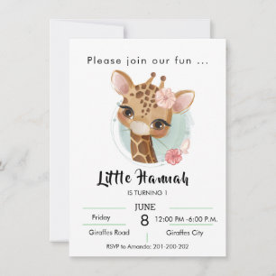 Invitation Girafe en aquarelle filles anniversaire