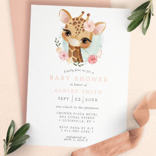 Invitation Girafe Florale Rose Aquarelle Fille Baby Shower