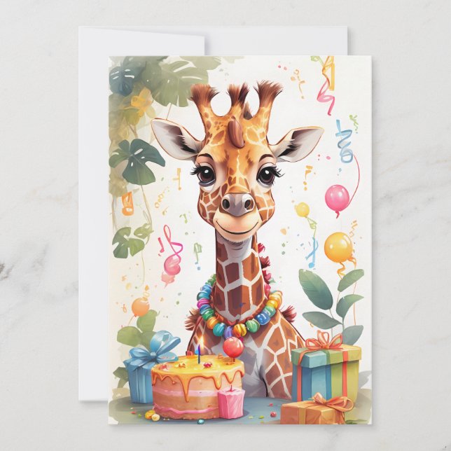 Invitation Girafe Heureux avec Cadeaux & Gâteau |  (Devant)
