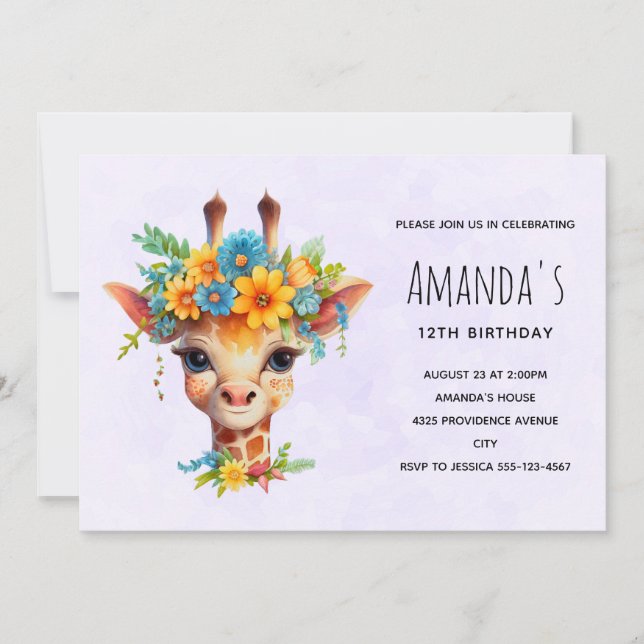 Invitation Girafe Mignonne avec Couronne Florale d'Anniversai (Devant)