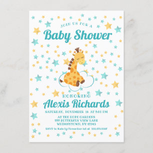 Invitation Girafe mignonne et étoiles neutres pour une fête p