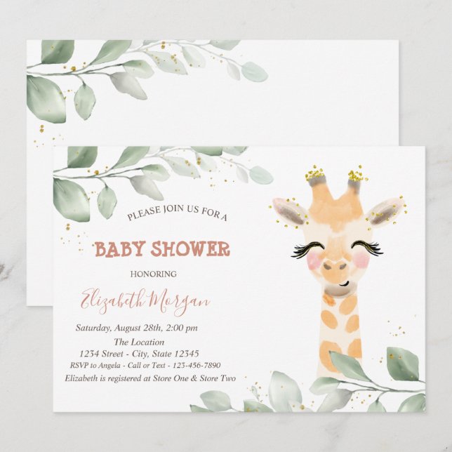 Invitation Girafe nouveau-née quitte la baby shower (Devant / Derrière)
