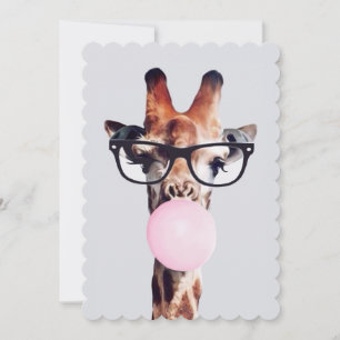 Invitation Girafe Porte des lunettes soufflant bulle rose gom
