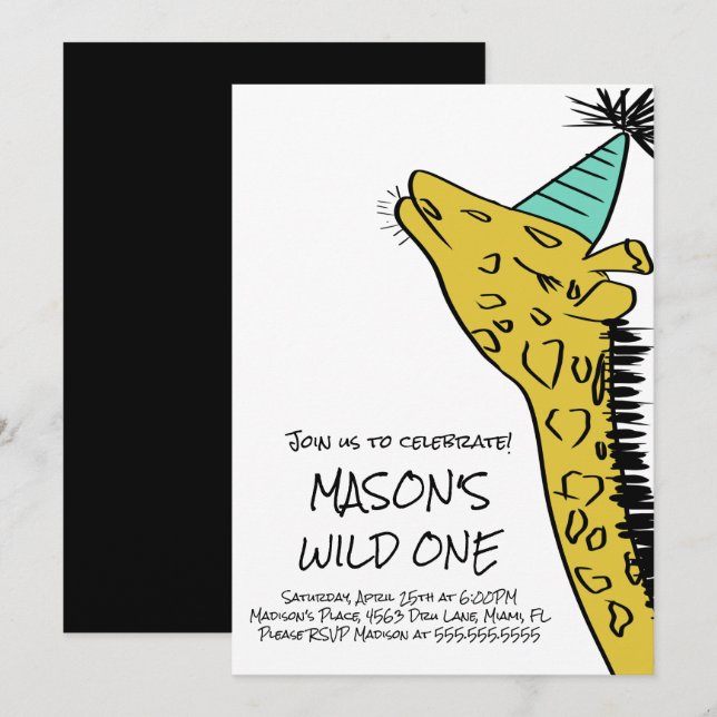 Invitation Girafe Premier Anniversaire Animaux Sauvages Fête  (Devant / Derrière)