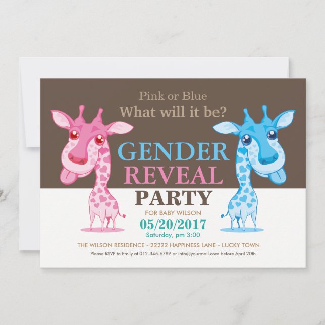 Invitation Girafe rose ou bleu Revevela Party RSVP (Devant)