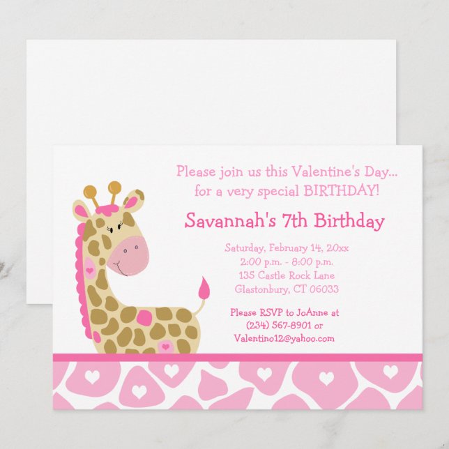 Invitation Girafe rose Valentines Jour Anniversaire Invitatio (Devant / Derrière)