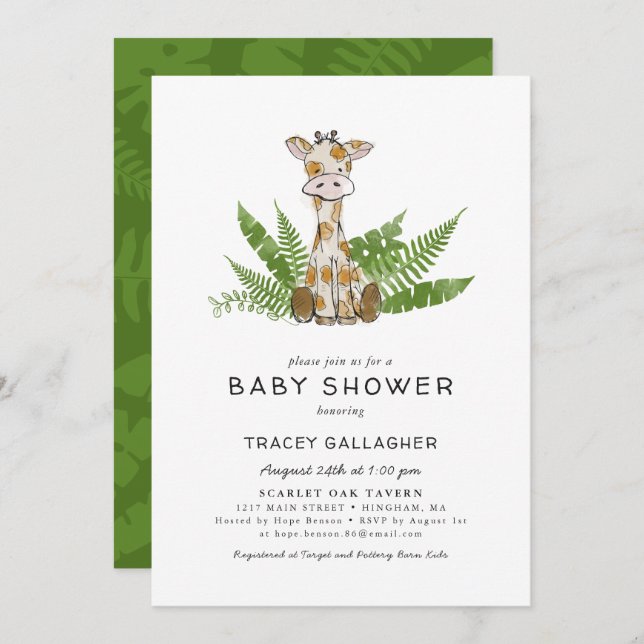 Invitation Girafe Safari mignonne avec Baby shower Feuille Ju (Devant / Derrière)