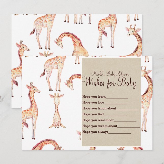 Invitation Girafes bronzées et souhaits kraft pour jeu de bab (Devant / Derrière)