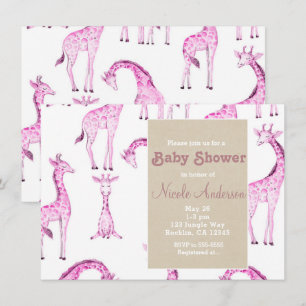 Invitation Girafes roses et safari kraft Baby Shower fantaisi