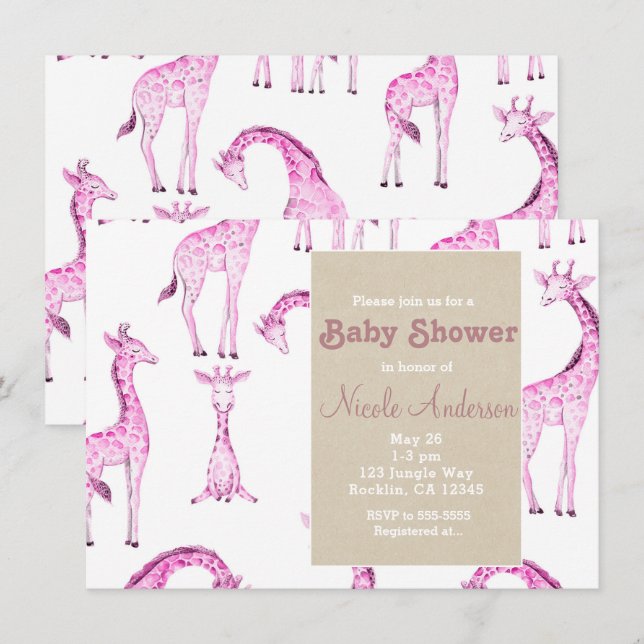 Invitation Girafes roses et safari kraft Baby Shower fantaisi (Devant / Derrière)