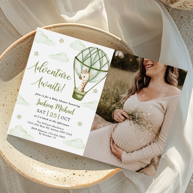 Invitation Giraffe Air chaud Balloon vert Baby shower photo (Créateur téléchargé)