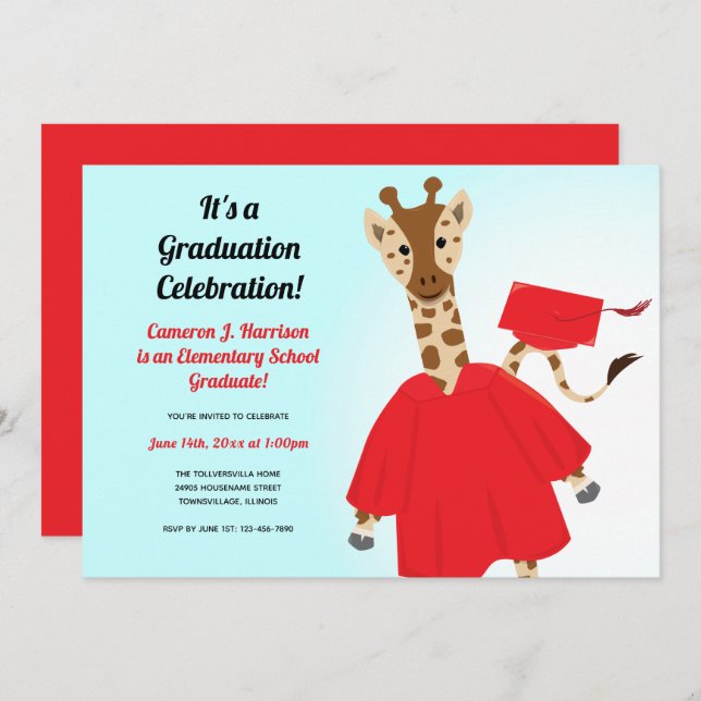 Invitation Giraffe Animal Rouge Noir Bleu Enfant Graduation (Devant / Derrière)