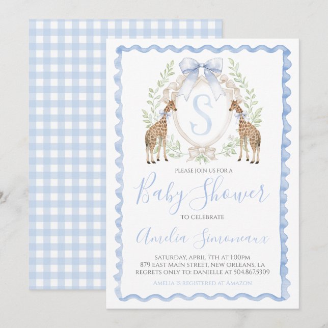 Invitation Giraffe Baby Boy Shower Preppy En vichy Blue (Devant / Derrière)
