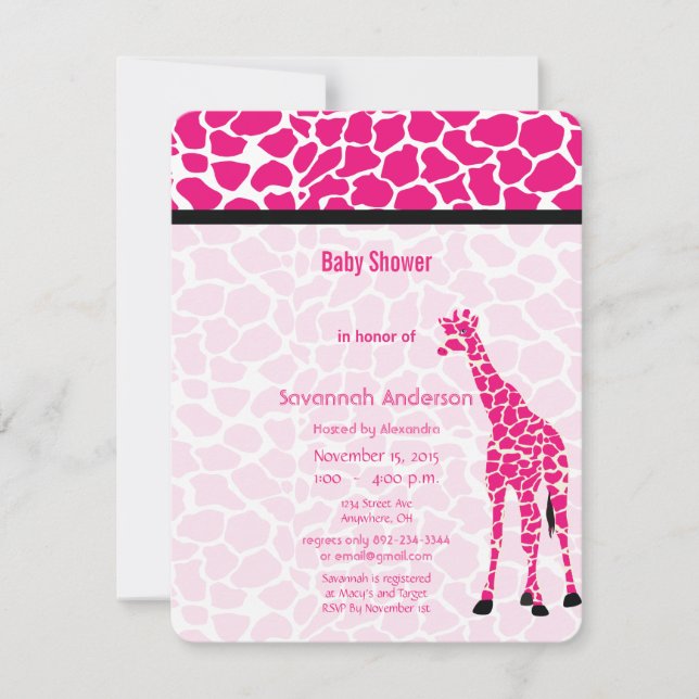 Invitation Giraffe Baby Girl PINK Baby shower Motif moderne (Devant)