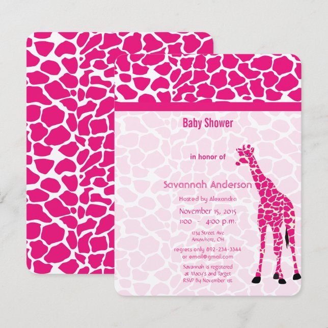 Invitation Giraffe Baby Girl PINK Baby shower Motif moderne (Devant / Derrière)