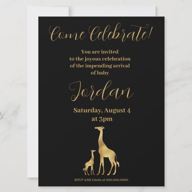 Invitation Giraffe Baby shower à thème Noir et or (Devant)