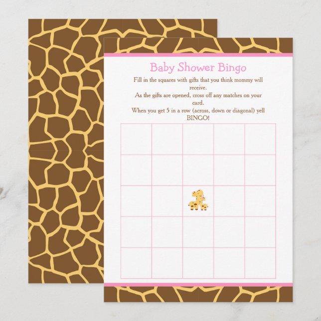 Invitation Giraffe Baby shower fille rose Bingo (Devant / Derrière)