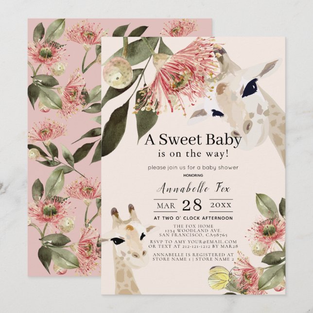 Invitation Giraffe Baby shower Floral Rose fille (Devant / Derrière)